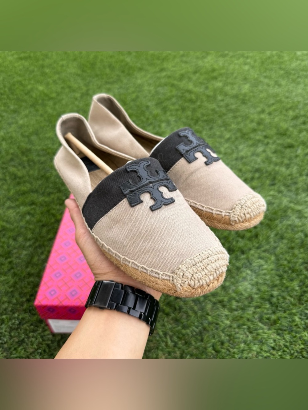 Tory Burch Beige Canvas Espadrilles with Black Logo Band